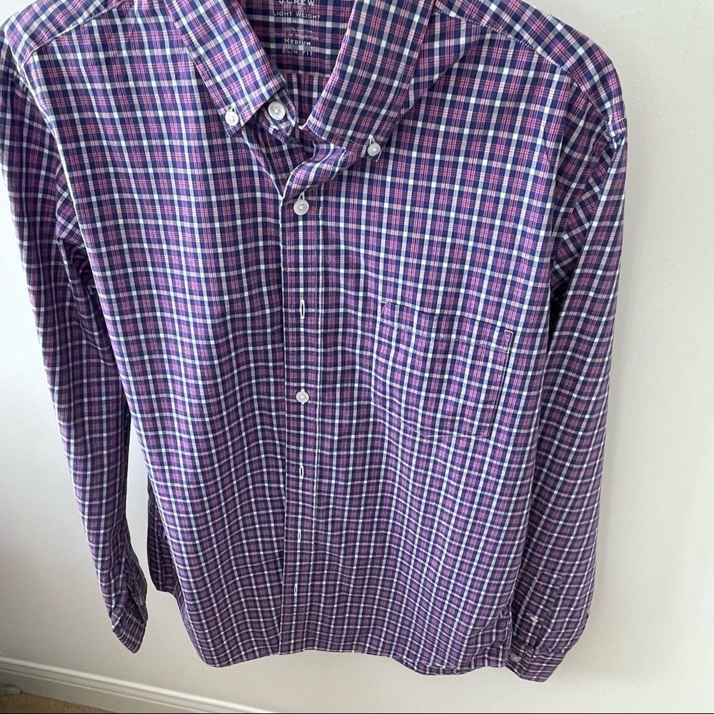 J Crew Size Medium long Sleeve Dress Shirt Purple Plaid Light Weight 100% Cotton - Picture 2 of 5